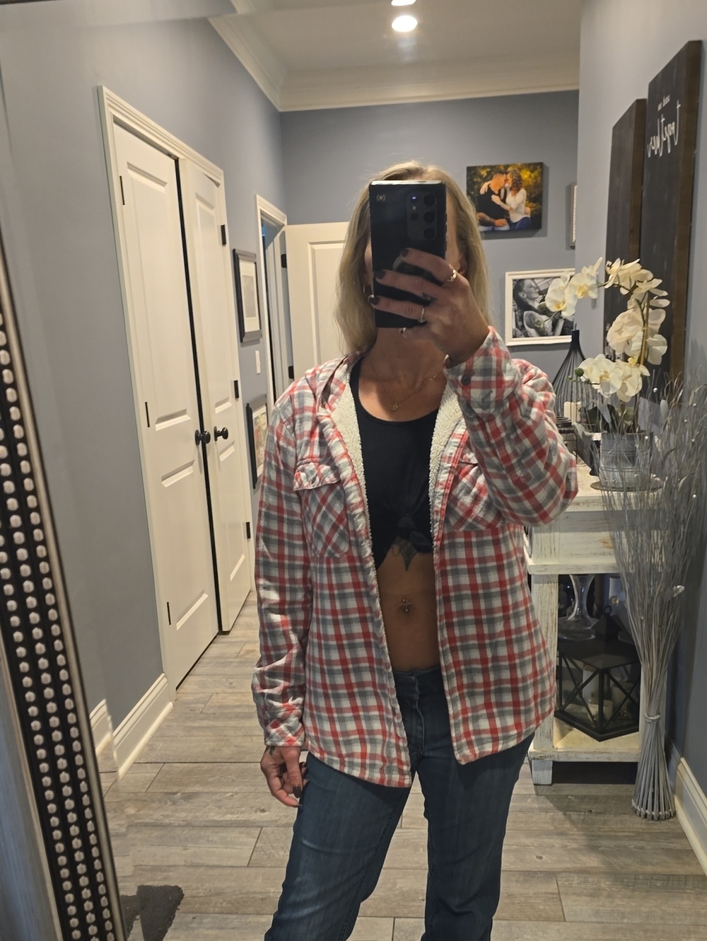 Boston Traders Plaid Hooded Sherpa-Lined Jacket - Red, Gray & Cream